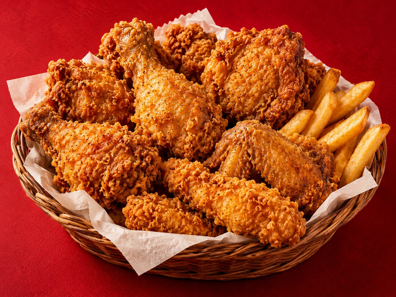 A generous serving of crispy fried chicken and fries